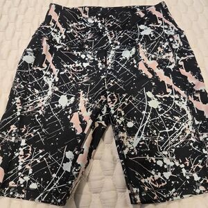 Leg End Active Wear Biker Shorts Black Paint Splatter Women's Pink Aqua Size XL